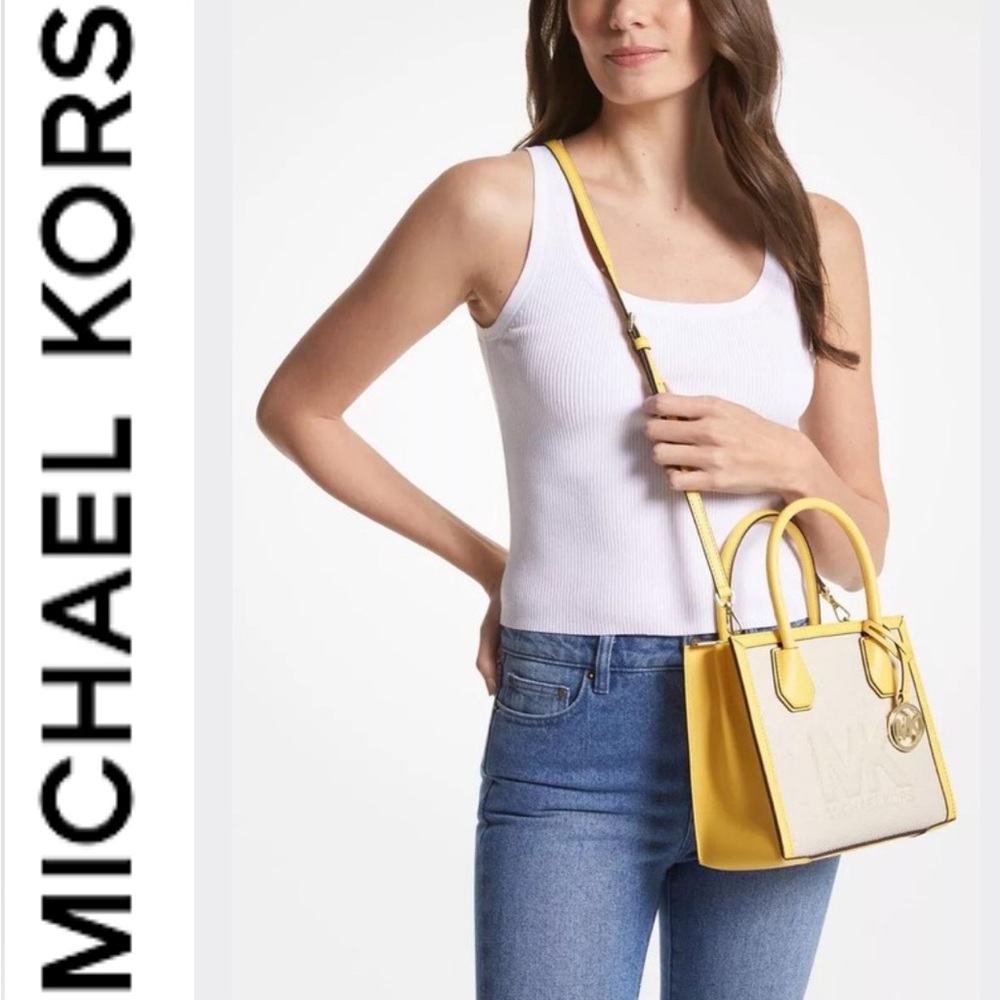 NWT MICHAEL KORS Mercer Medium Daffodil Logo Embossed Cotton Canvas Crossbody